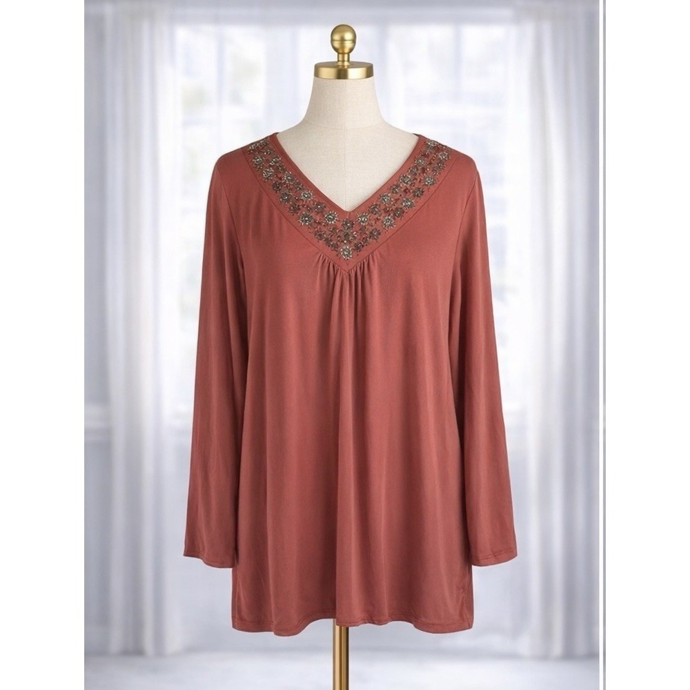 Susan Graver‎ Liquid Knit Popover Top Burnt Orange Beaded Neckline Stretch XL